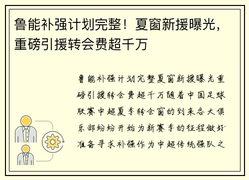 鲁能补强计划完整！夏窗新援曝光，重磅引援转会费超千万