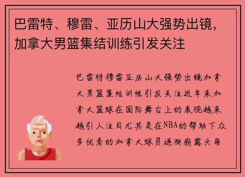 巴雷特、穆雷、亚历山大强势出镜，加拿大男篮集结训练引发关注