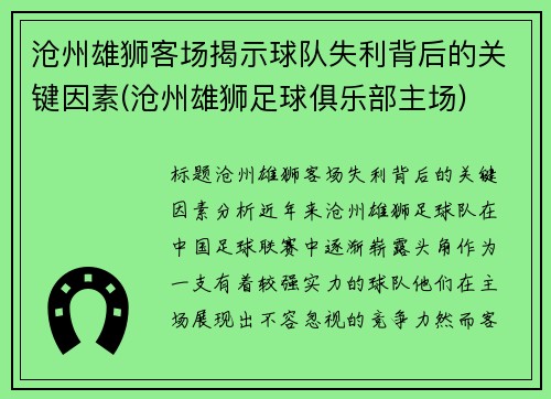 沧州雄狮客场揭示球队失利背后的关键因素(沧州雄狮足球俱乐部主场)