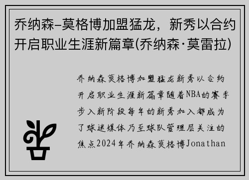 乔纳森-莫格博加盟猛龙，新秀以合约开启职业生涯新篇章(乔纳森·莫雷拉)