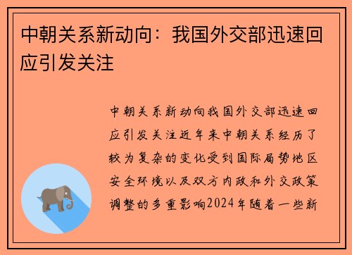 中朝关系新动向：我国外交部迅速回应引发关注
