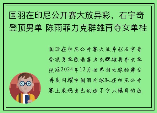 国羽在印尼公开赛大放异彩，石宇奇登顶男单 陈雨菲力克群雄再夺女单桂冠