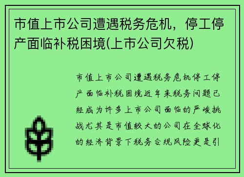 市值上市公司遭遇税务危机，停工停产面临补税困境(上市公司欠税)