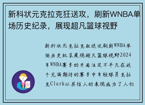新科状元克拉克狂送攻，刷新WNBA单场历史纪录，展现超凡篮球视野
