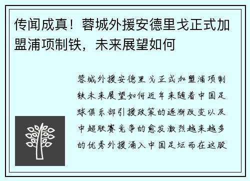 传闻成真！蓉城外援安德里戈正式加盟浦项制铁，未来展望如何