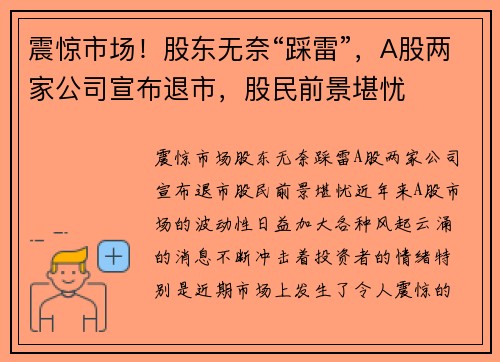 震惊市场！股东无奈“踩雷”，A股两家公司宣布退市，股民前景堪忧